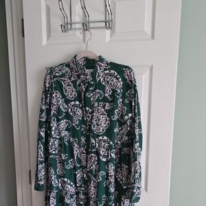 Green Paisley Long Sleeve Button-up Dress
